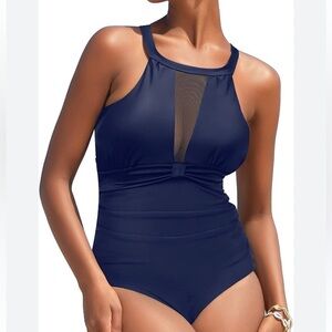 I2CRAZY One Piece Swimsuits Mesh V Neck Bathing Suits Navy L NWT‎